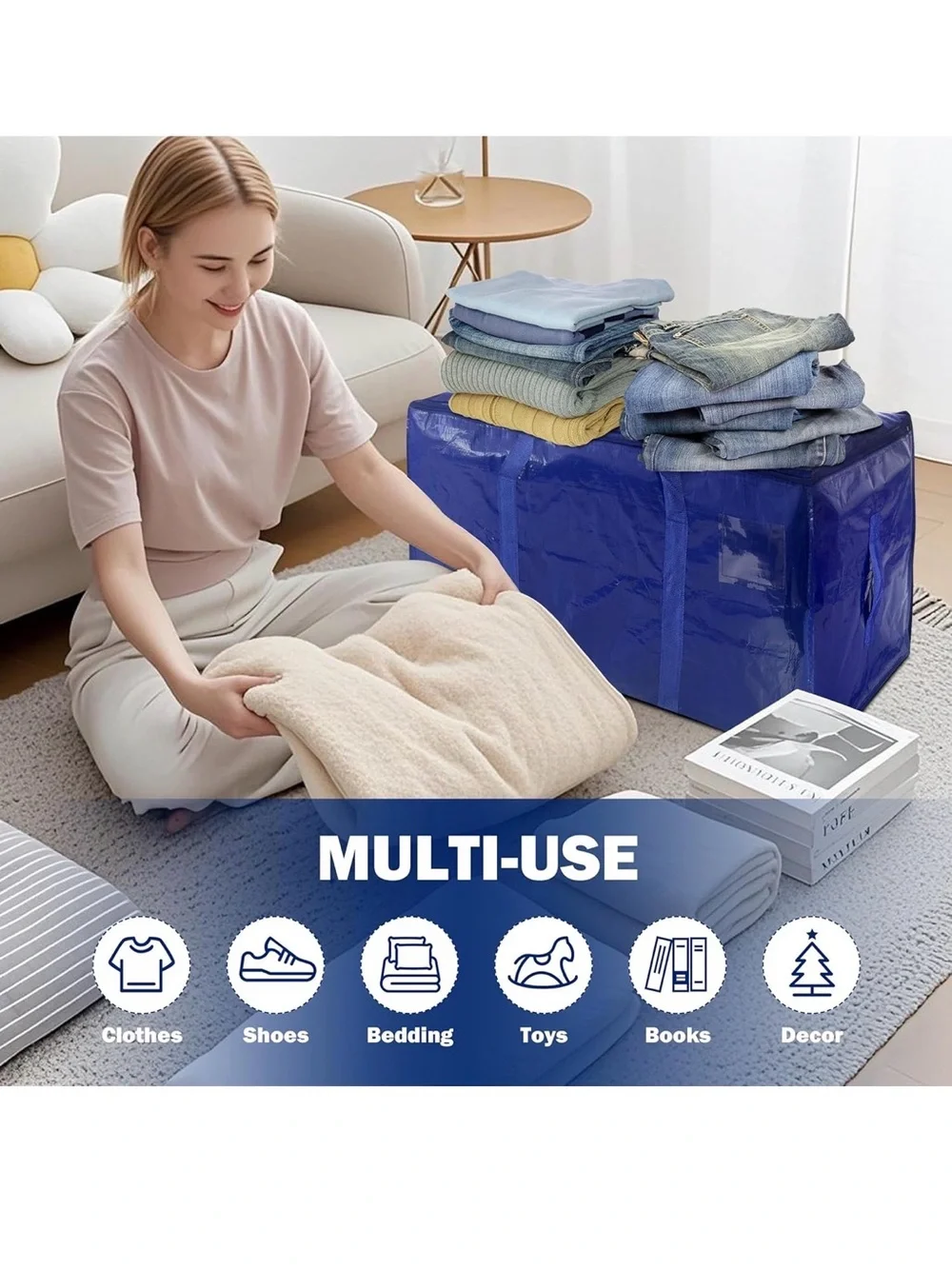 Large Blue Bedding Storage Bag with Handles for Home Organization
